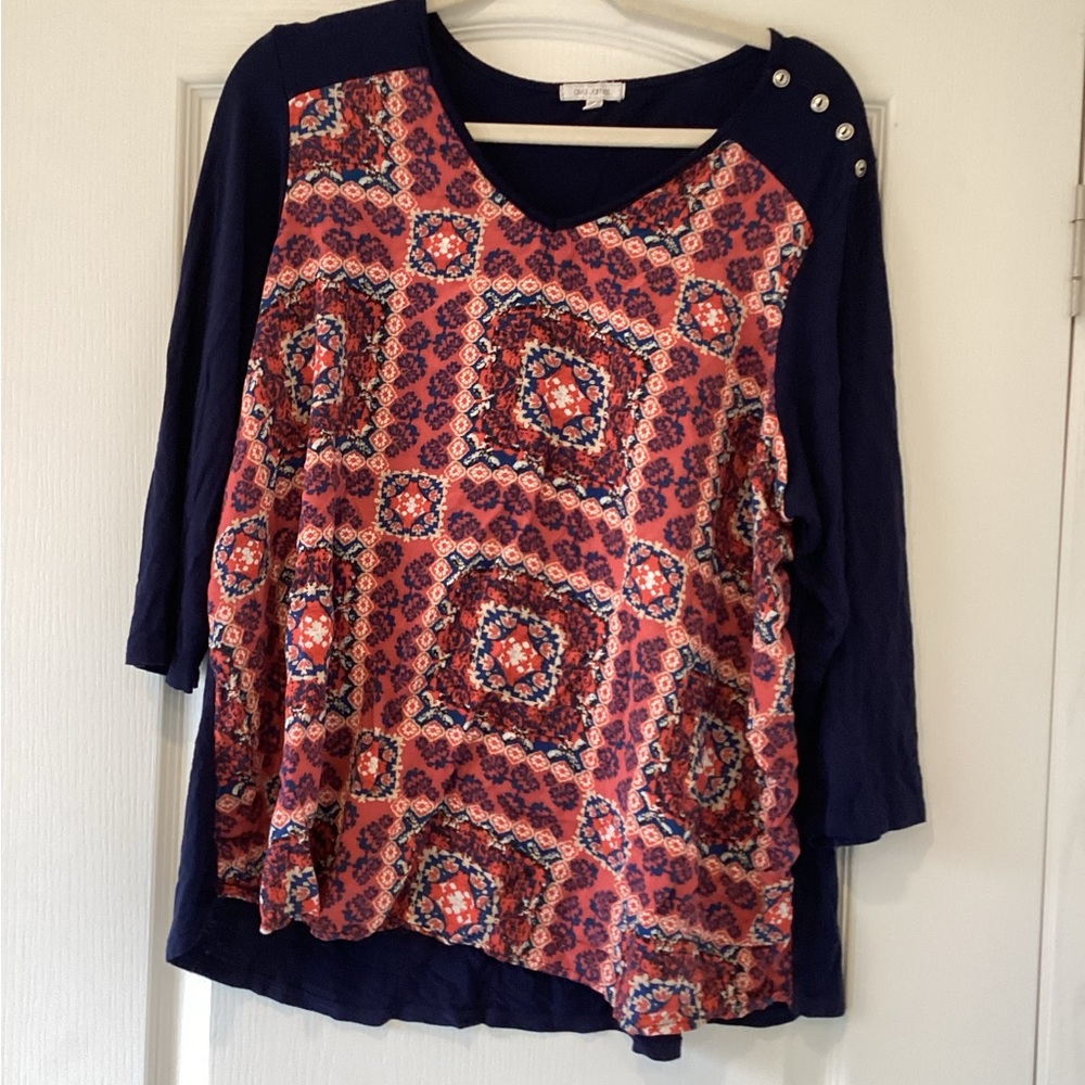 Ava James Elegant Women's Blouse with orange and Navy Pattern size 2XL EUC
